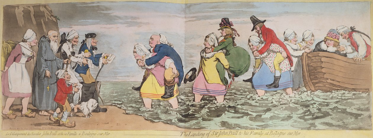 Le Debarquement du Chevalier John Bull and his family at Boulogne sur Mer, ಅಥವಾ The Landing of Sir John Bull und his Family at Bologne sur Mer, ಕೆತ್ತನೆಯನ್ನು ಜೇಮ್ಸ್ ಗಿಲ್ರೇ (1756-1815) ಅವರು ಹನ್ನಾ ಹ್ತುರ್ಕ್ ಪ್ರಕಟಿಸಿದ್ದಾರೆ by Henry William Bunbury