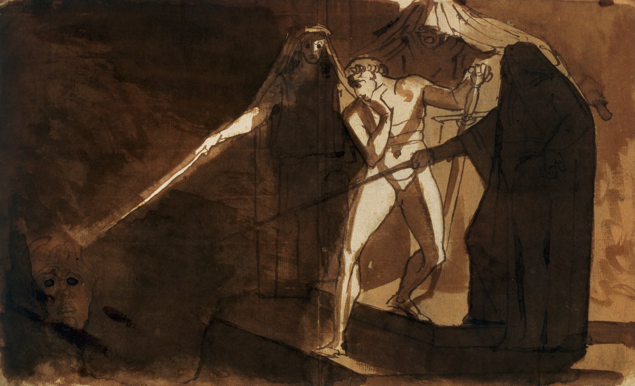 Macbeth ve Ona Silahlı Kafayı Gösteren Üç Cadı (suluboya) by Johann Heinrich Füssli