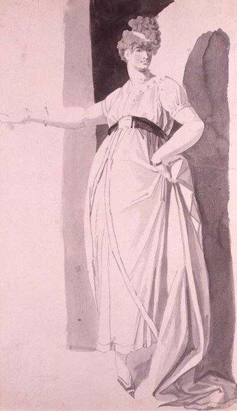 Ayrıntılı saç stili olan genç kadın, sağ kolunu uzatmış (kalem ve yıkama) by Johann Heinrich Füssli