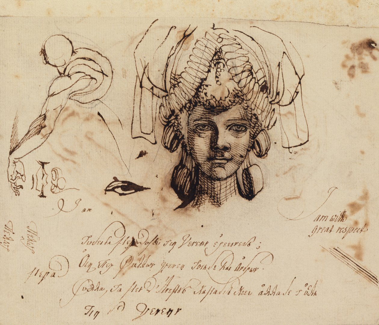 Fuseli Hanım Ayrıntılı Bir Başlık Takıyor ve Göz, Ağız ve Gövde Çalışmaları (kalem ve mürekkep) by Johann Heinrich Füssli