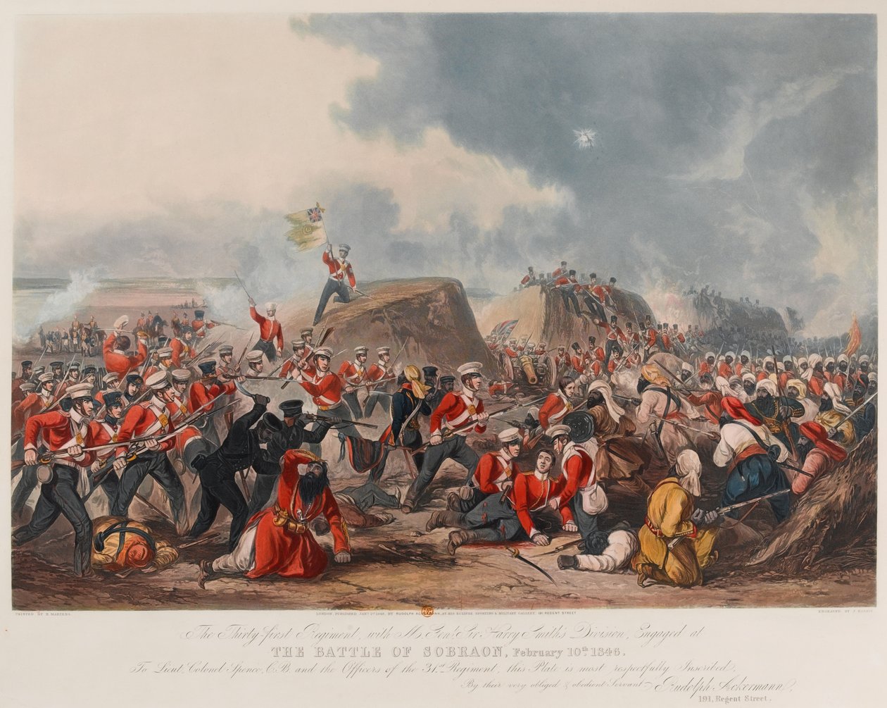 Sobraon Savaşı 10 Şubat 1846 (aquatint, renkli) by Henry (after) Martens