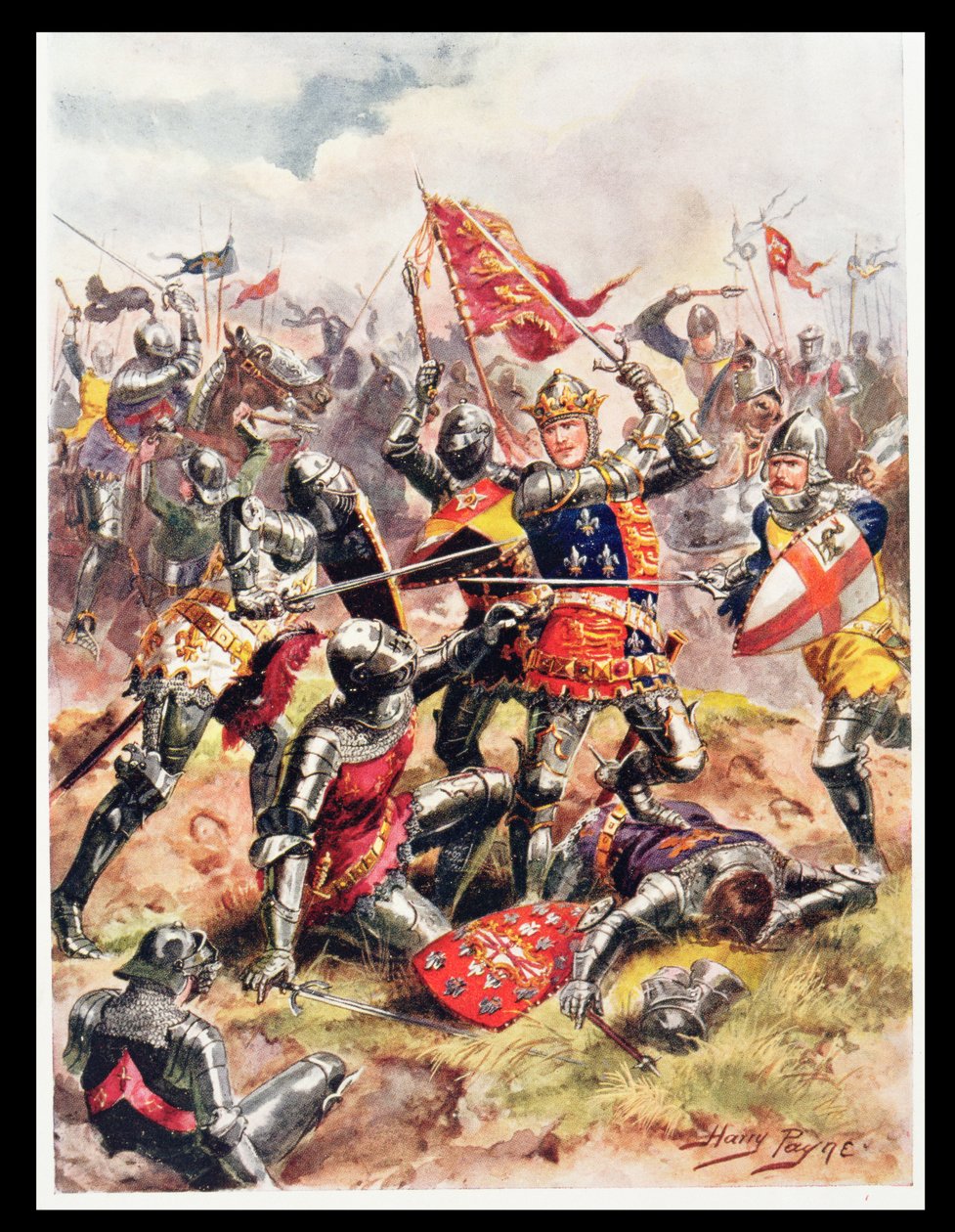 Kral Henry V (1387-1422) Kahramanca Cesaretle Savaşıyor, Binbaşı CH Wylly'nin 'İngiliz Tarihinin Şanlı Savaşları'ndan bir çizim, 1920'ler by Henry A. Payne