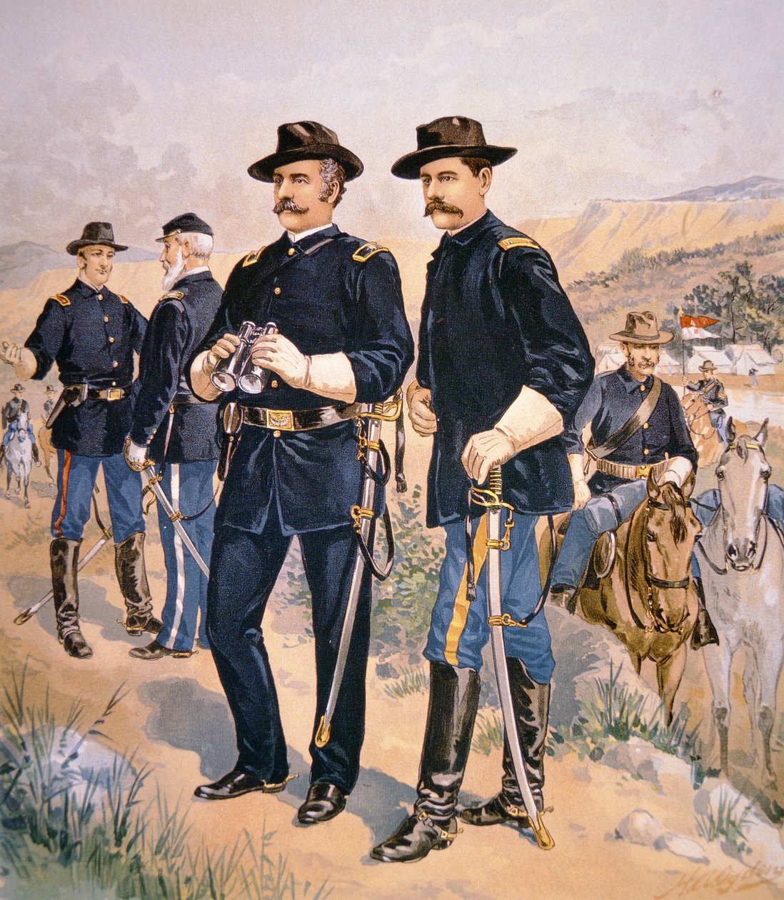 Tuğgeneral Nelson A. Miles, hat memurları ve beni 1888 kampanya kıyafetine kaydettirdi (renkli taş) by Henry Alexander (after) Ogden