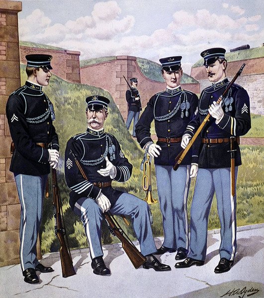 ABD piyade 1902-07 tam elbisesi, ABD şarjörlü tüfek modeli 1903 ile donanmış (renkli taş) by Henry Alexander (after) Ogden