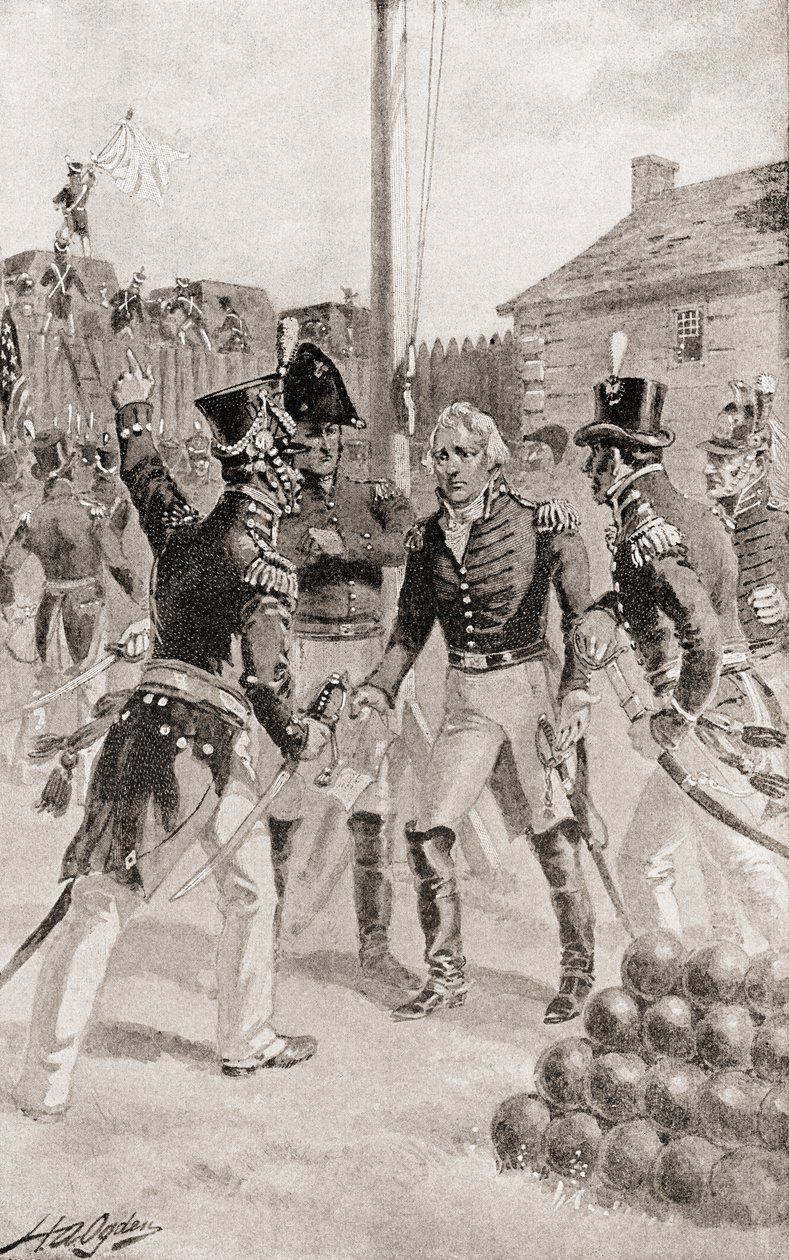 Brigadier General William Hull surrenders the fort and town of Detroit, Michigan, America during The Siege of Detroit, from The History of Our Country, published 1905  by Henry Alexander Ogden