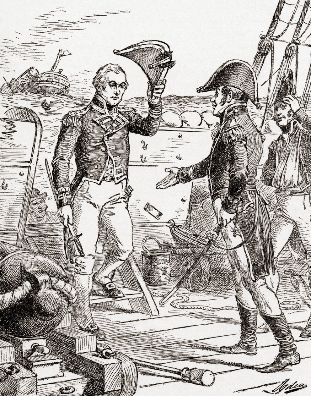 Captain Dacres from the HMS Guerriere surrenders and offers his sword to Captain Hull aboard the USS Constitution after his defeat during The War of 1812, from The History of Our Country, published 19 by Henry Alexander Ogden