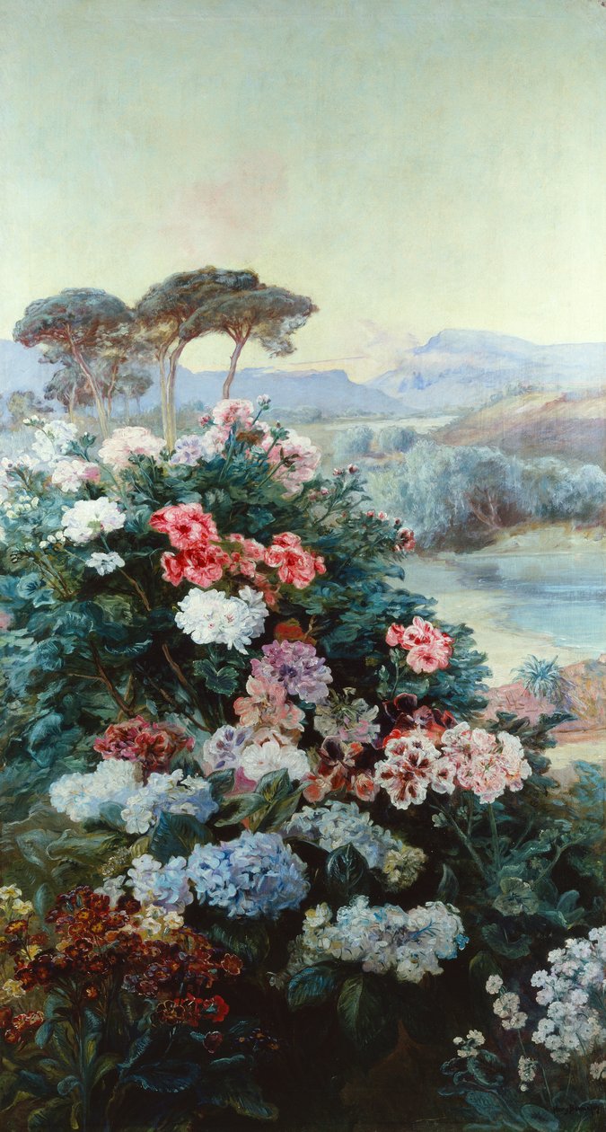 Bir Manzarada Kamelyalar ve Diğer Çiçekler (tuval üzerine yağlı boya) by Henry Arthur Bonnefoy