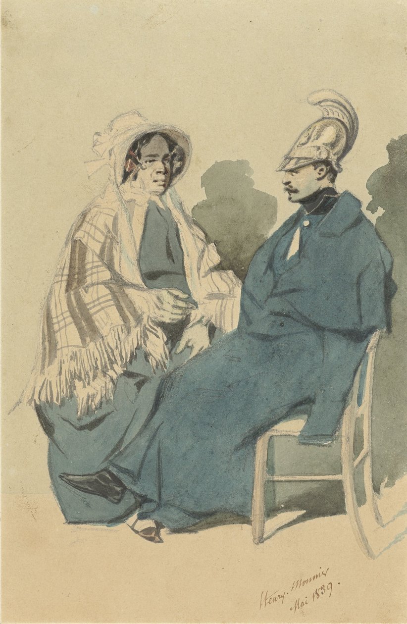 Kasklı ve mavi pelerinli Cuirassier, seyahat tuvaletinde yaşlı bir bayanın yanında oturuyor. by Henry Bonaventure Monnier