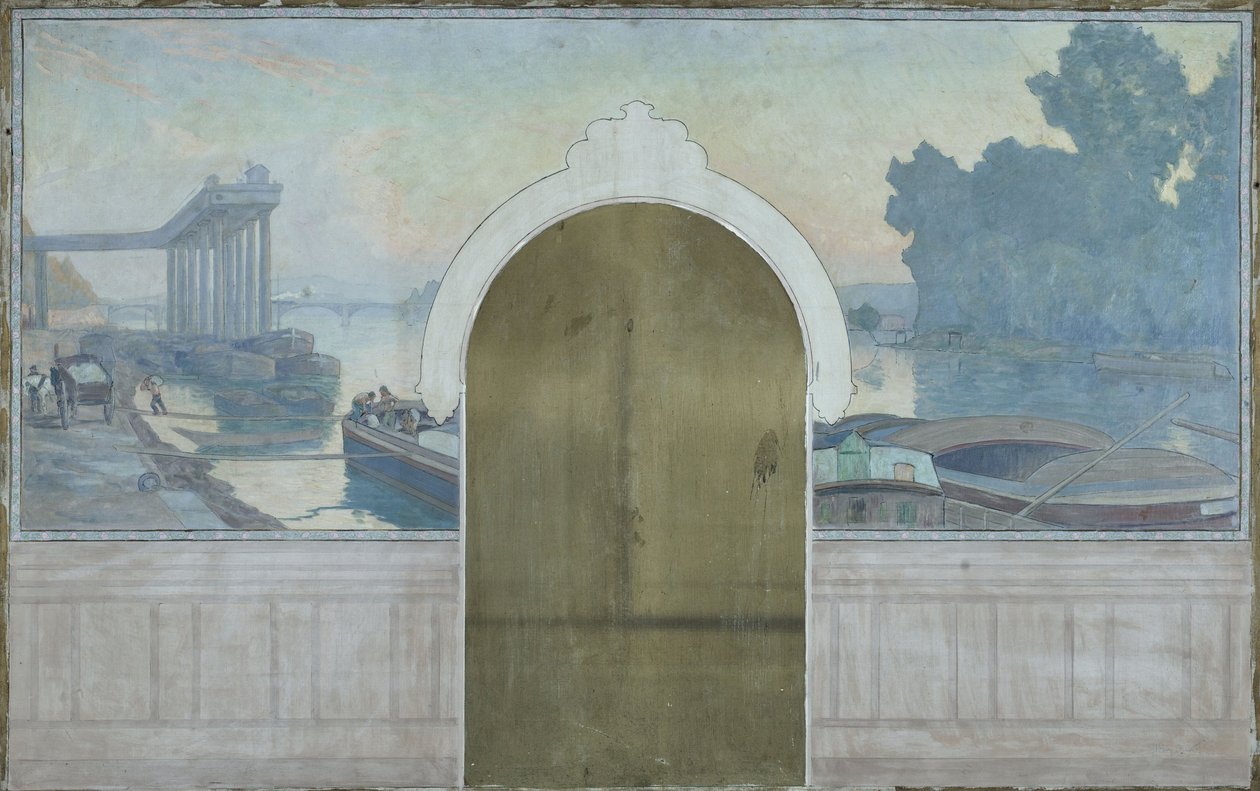 Asnières belediye binasının nikah salonu için eskiz: Manzara. Seine Nehri üzerinde mavnalar, Asnières köprüsü ile birlikte, 1900 civarı (tuval üzerine yağlıboya) by Henry Bouvet