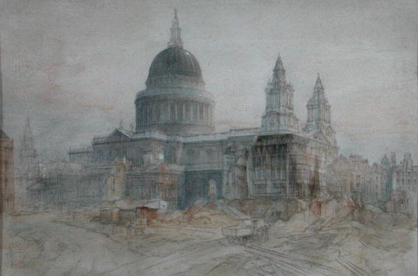 Savaştan sonra St Paul Katedrali, c.1947 (kağıt üzerine suluboya ve kurşun kalem) by Henry Charles Brewer