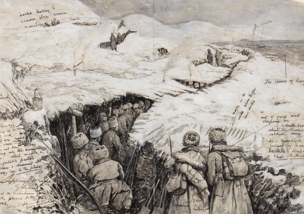 Galiçya, karla kaplı tepelerde Rus birlikleri, 13 Mart 1916 (kağıt üzerine mürekkep ve guaj boya) by Henry Charles Seppings Wright