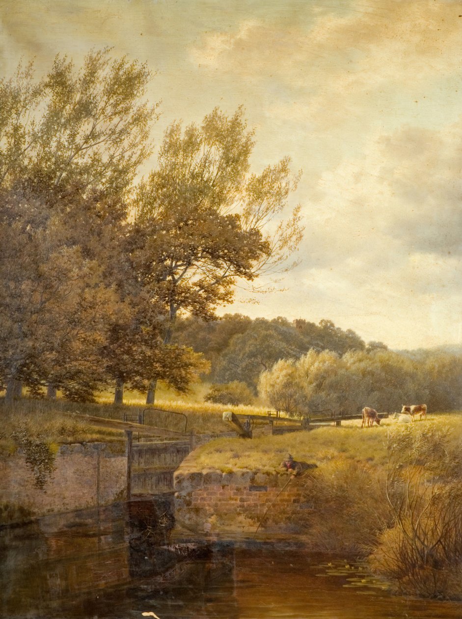 Bir Kilitte Balık Tutan Çocukla Ormanlık Manzara, 1931. by Henry Cheadle