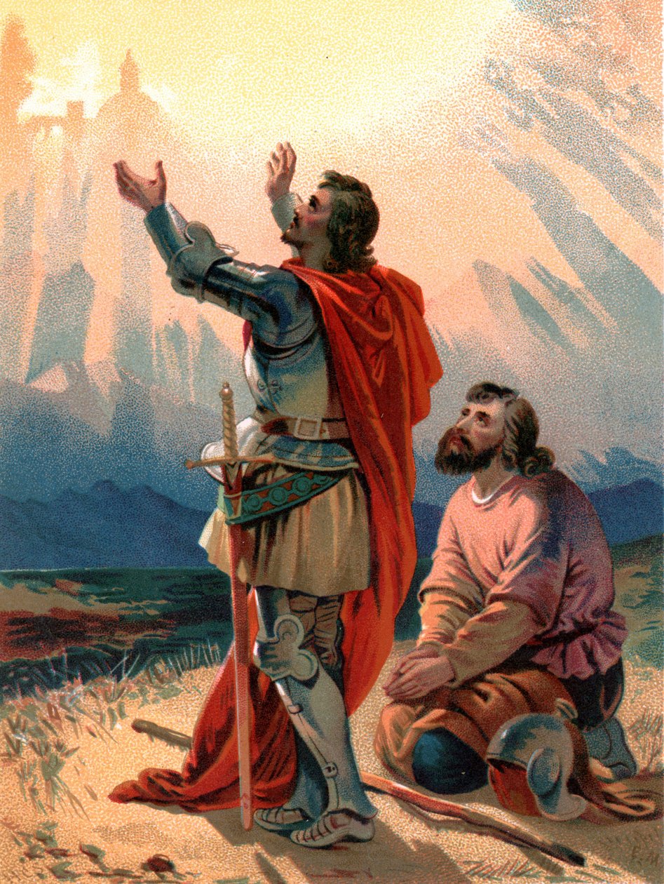 "Unvanlı hacı Christian, kendisi ve arkadaşı Kutsal Şehir'in görüş alanına vardığında şaşkınlık içinde diz çöküyor" by Henry Courtney Selous