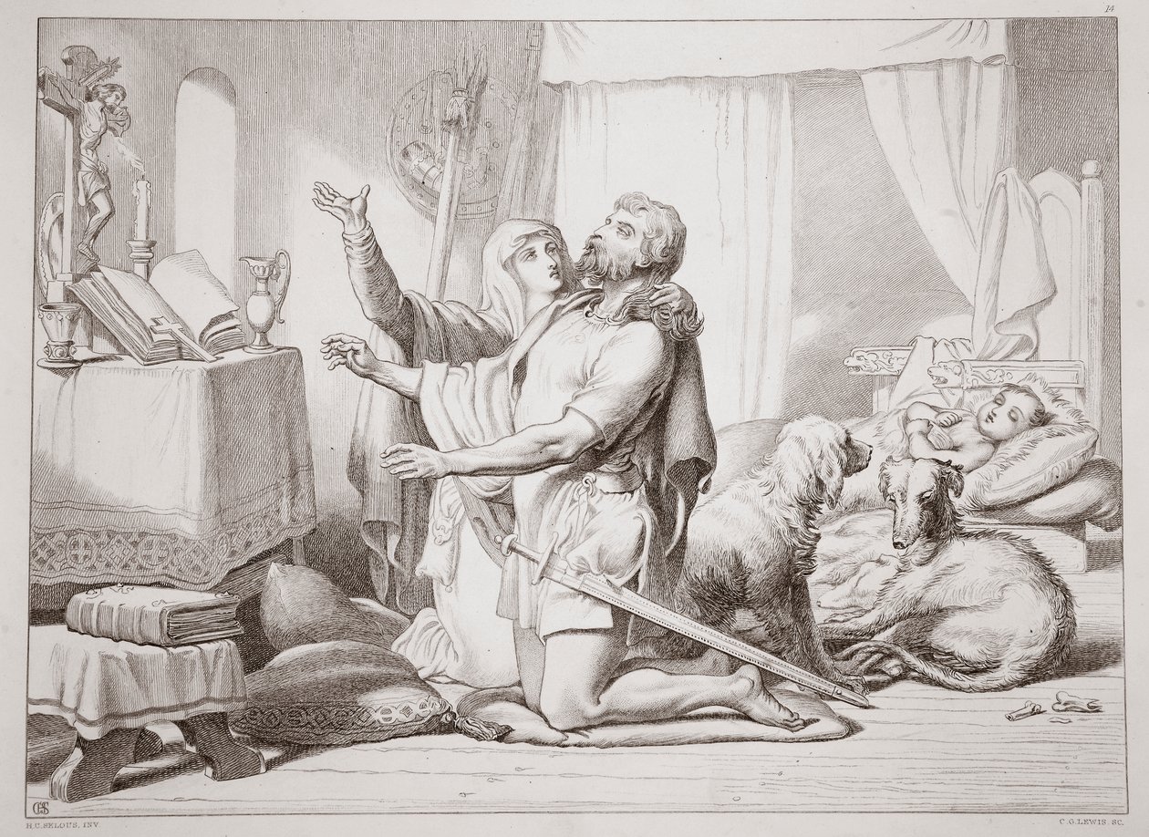 Torfrida Hereward'a dua etmeyi nasıl öğretir, Charles Kingsley tarafından yazılan Büyük Hereward'dan bir örnek, pub. 1870, CG Lewis tarafından oyulmuş (çelik levha gravürü) by Henry Courtney Selous