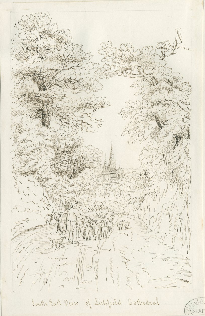 Lichfield Katedrali - Güney Doğu Görünümü (uzaktan): karakalem, ve [19.yüzyıl] (çizim) by Henry Curzon Allport