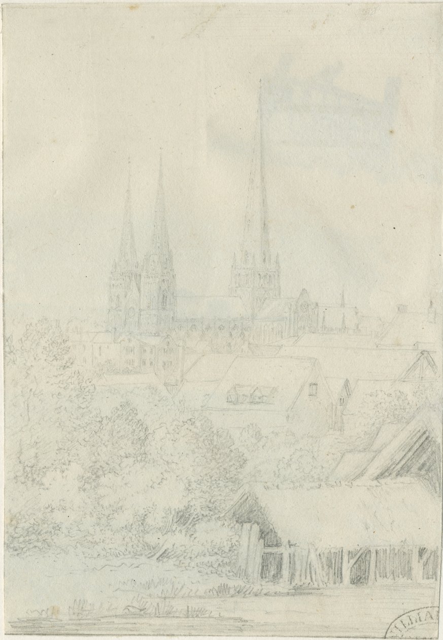 Lichfield Katedrali - Güney Batı Görünümü: karakalem, nd [?1788-1855] (çizim) by Henry Curzon Allport