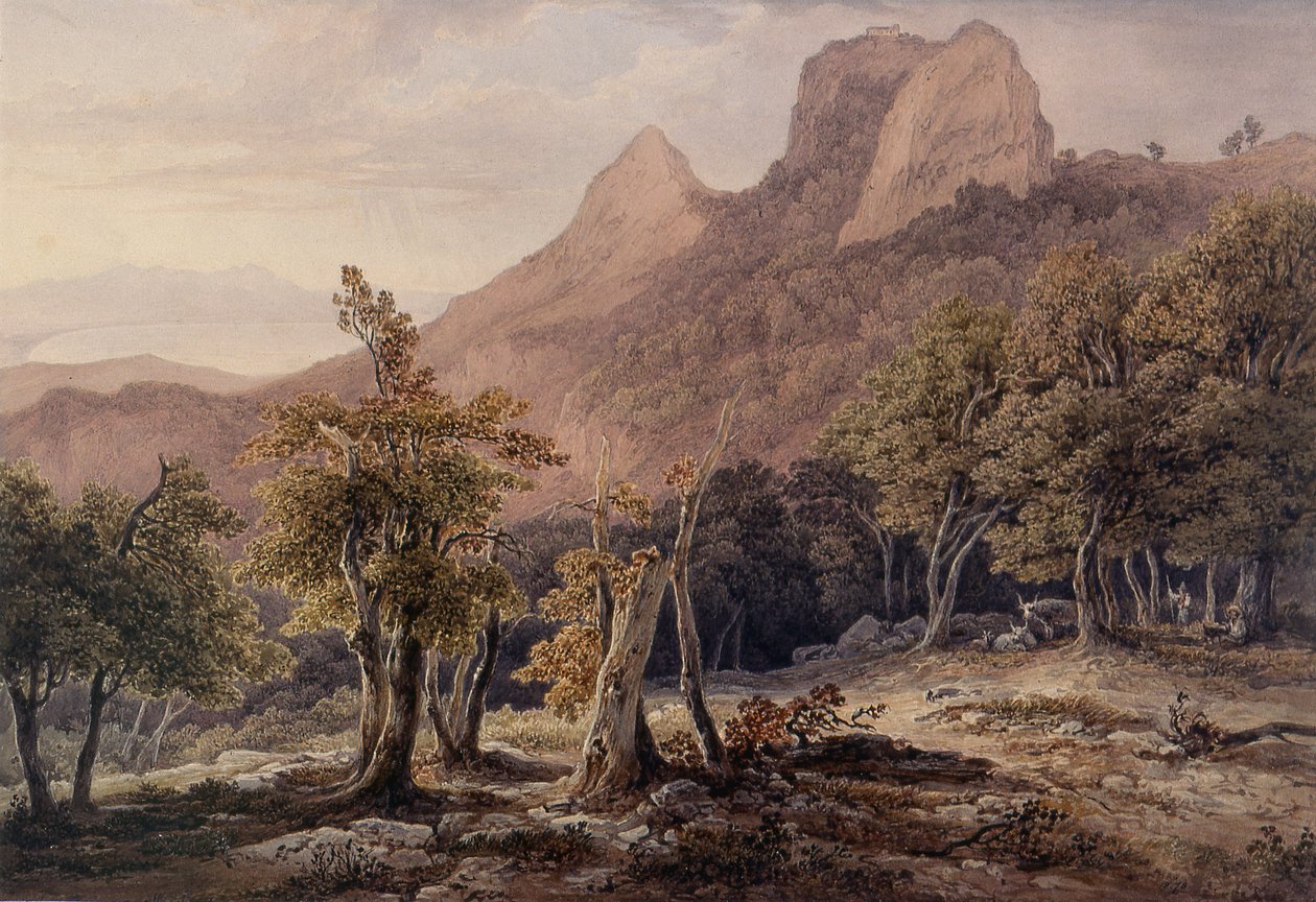 Rakamlar ve arka planda bir göl ile Kayalık Manzara by Henry Curzon Allport