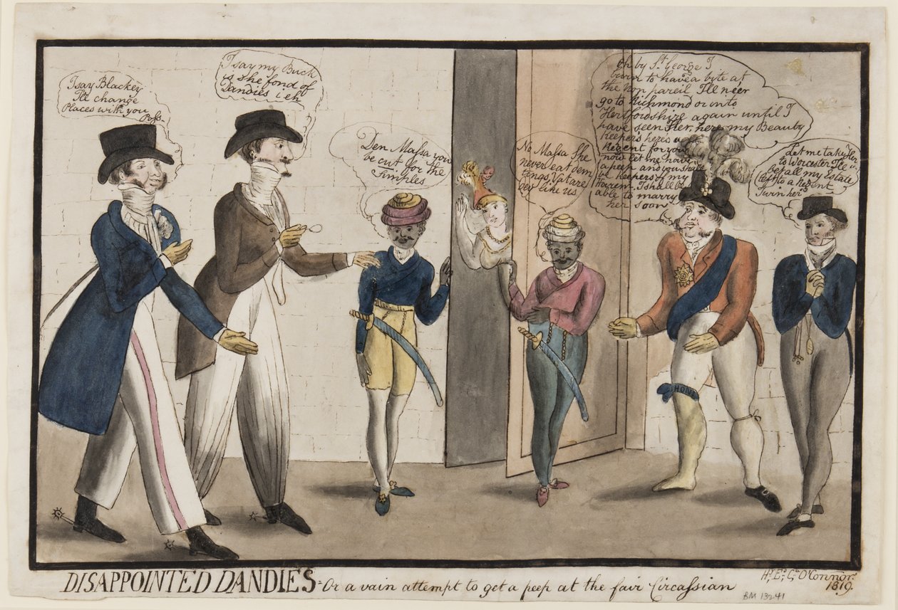 Hayal kırıklığına uğramış Dandies: Ya da Çerkes fuarına bir göz atmak için boş bir girişim, 1819 (kağıt üzerinde kalem, fırça, mürekkep ve tuvalet) by Henry E. O. OConnor