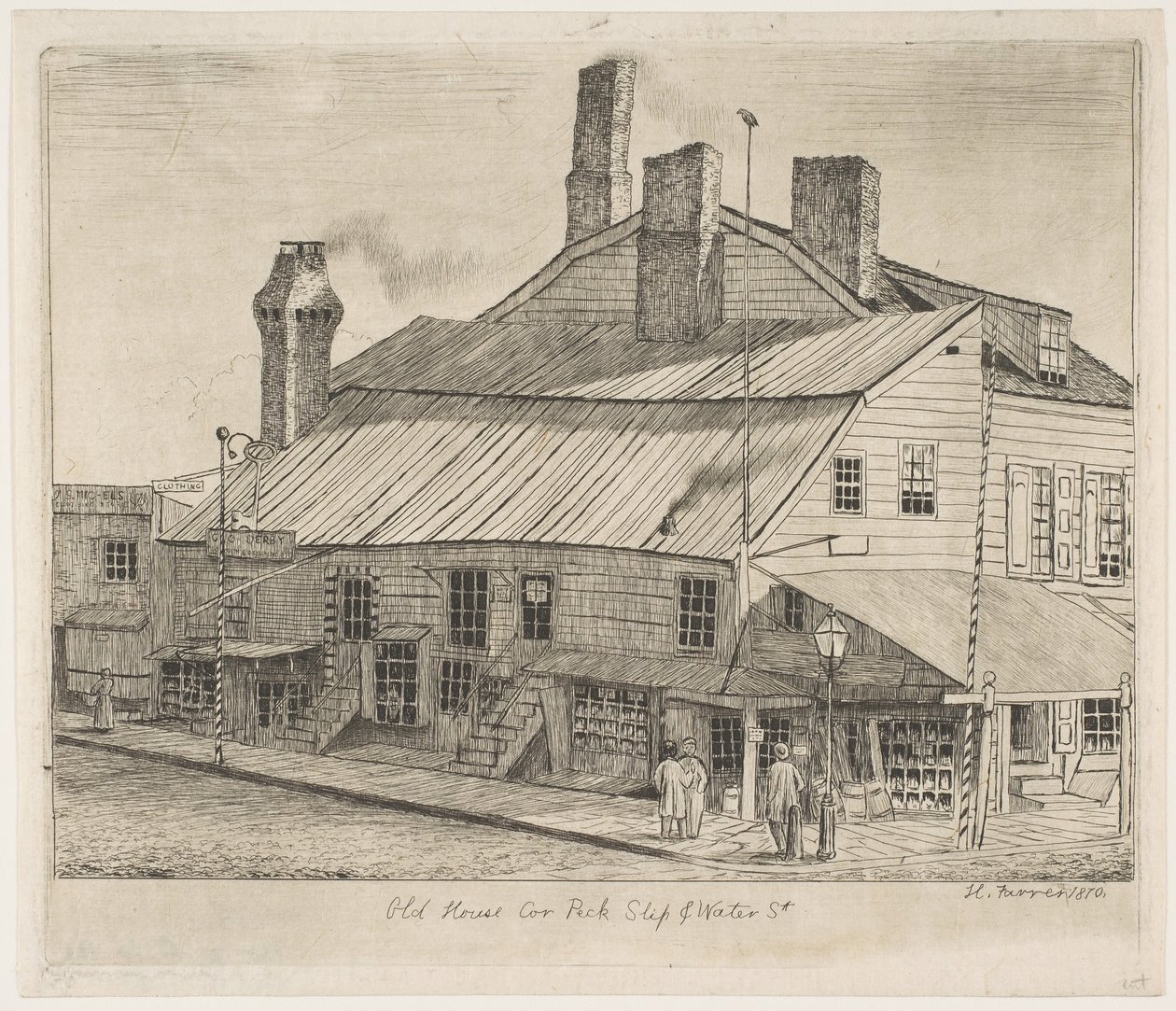Eski New York Sahnelerinden Eski Ev, Peck Slip Köşesi ve Su Sokağı, 1870. by Henry Farrer
