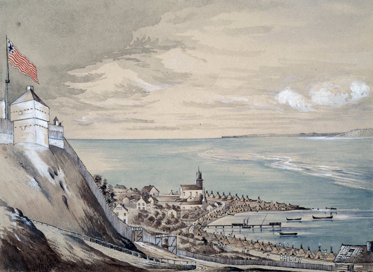 Mackinaw Kalesi ve köyü, Kızılderili kampı, Eylül 1842 (kağıt üzerinde wc) by Henry Francis Ainslie