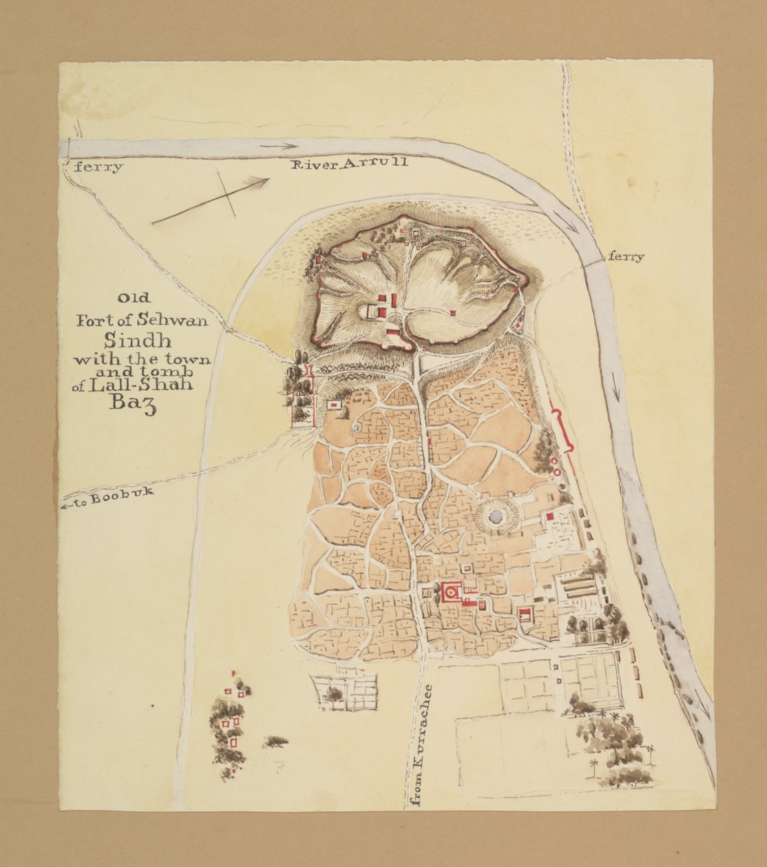 Eski Sehwan Kalesi, Sindh (kağıt üzerine mürekkep ve sulu boya) by Henry Francis Ainslie