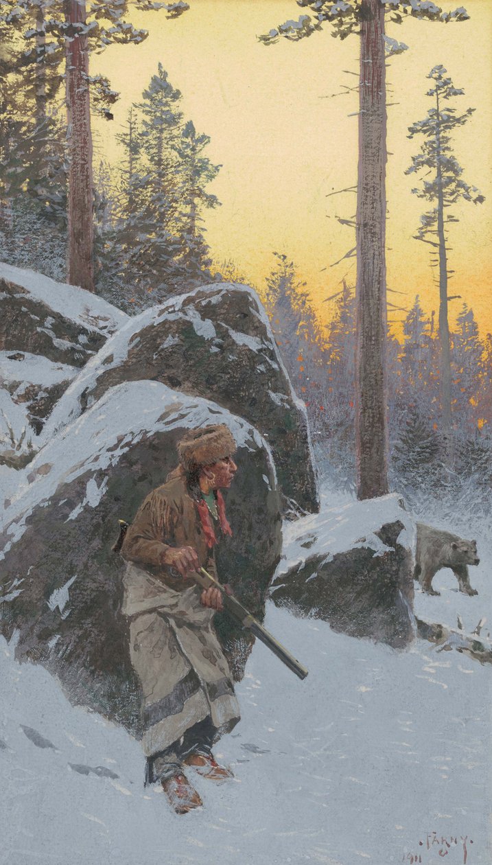Hint Ayı Avcısı, 1911 (gemiye monte edilmiş kağıt üzerine suluboya) by Henry Francois Farny