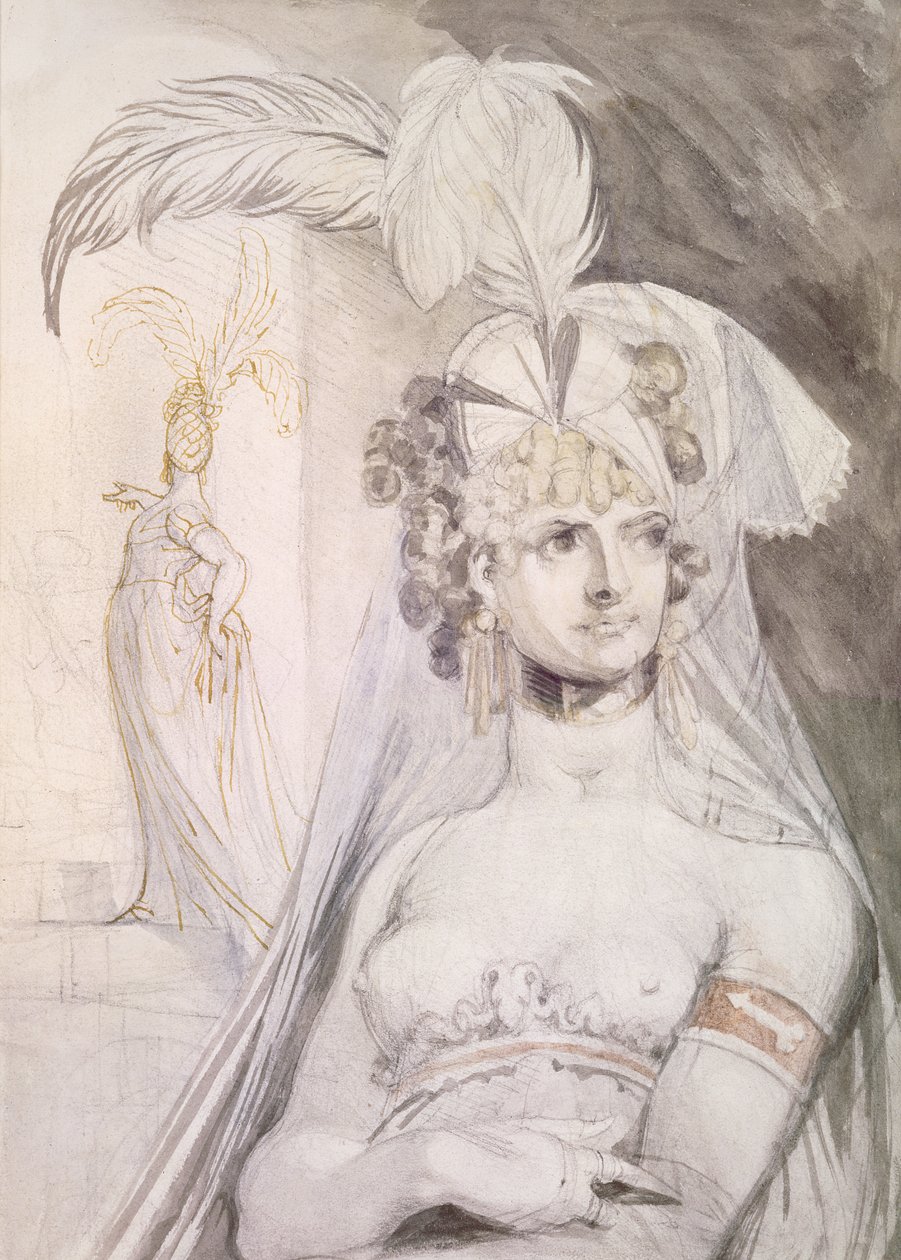 Saçında Tüylü, Fiyonklu ve Peçeli Yarım Fahişe Figürü, 1800-10 (kağıt üzerine kalem, wc ve mürekkep) by Johann Heinrich Füssli