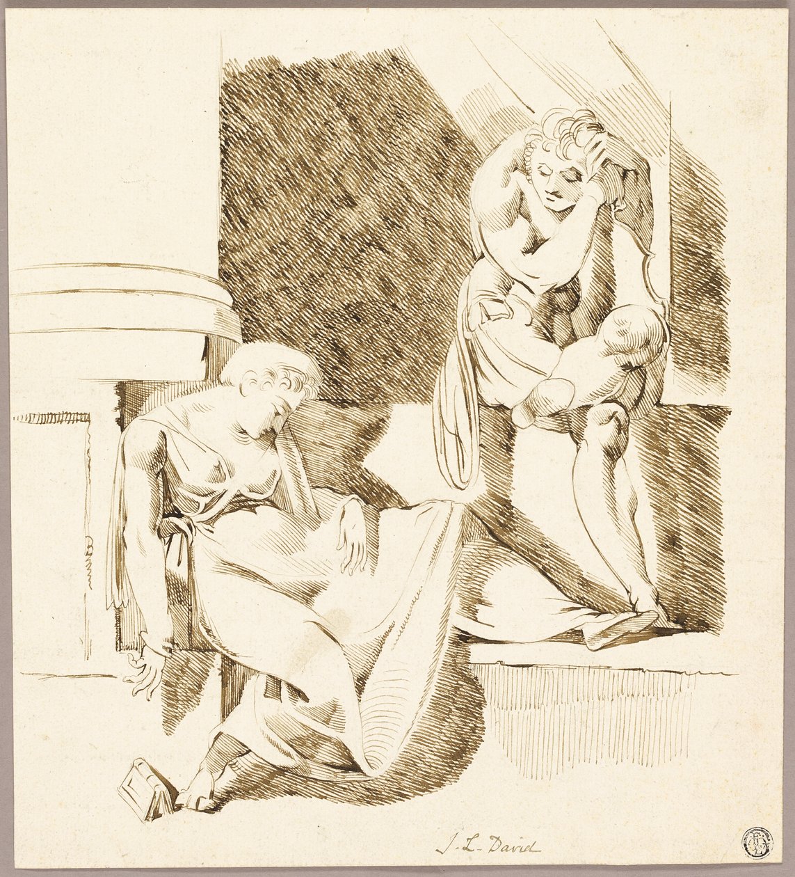 Oturan Troubadour Çıkıntıda Uyuyan Kadına Bakıyor by Johann Heinrich Füssli