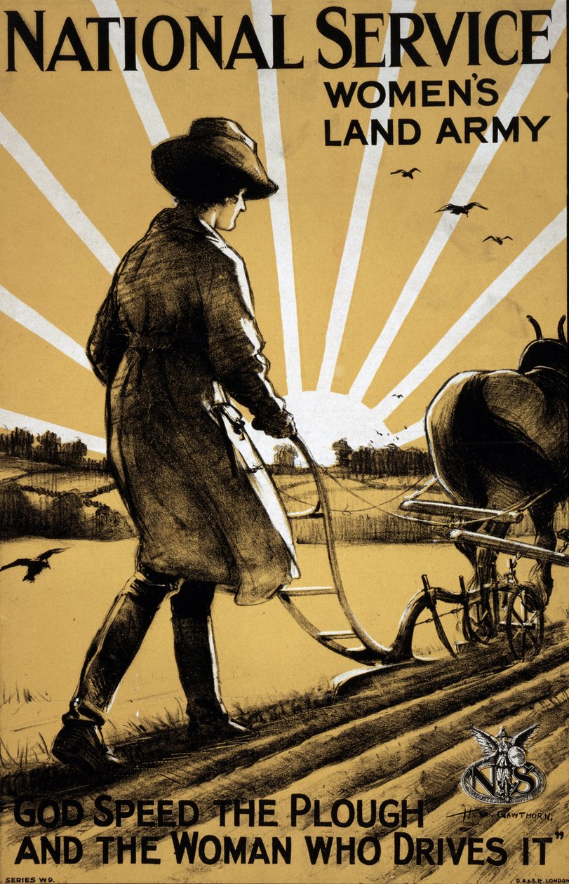 Birinci Dünya Savaşı: Kadın kara ordusu için “Toprağı Süren Genç Bir Kadın” propaganda afişi 1917 Çizimi Henry George Gawthorn (1879-1941) DR by Henry George Gawthorn