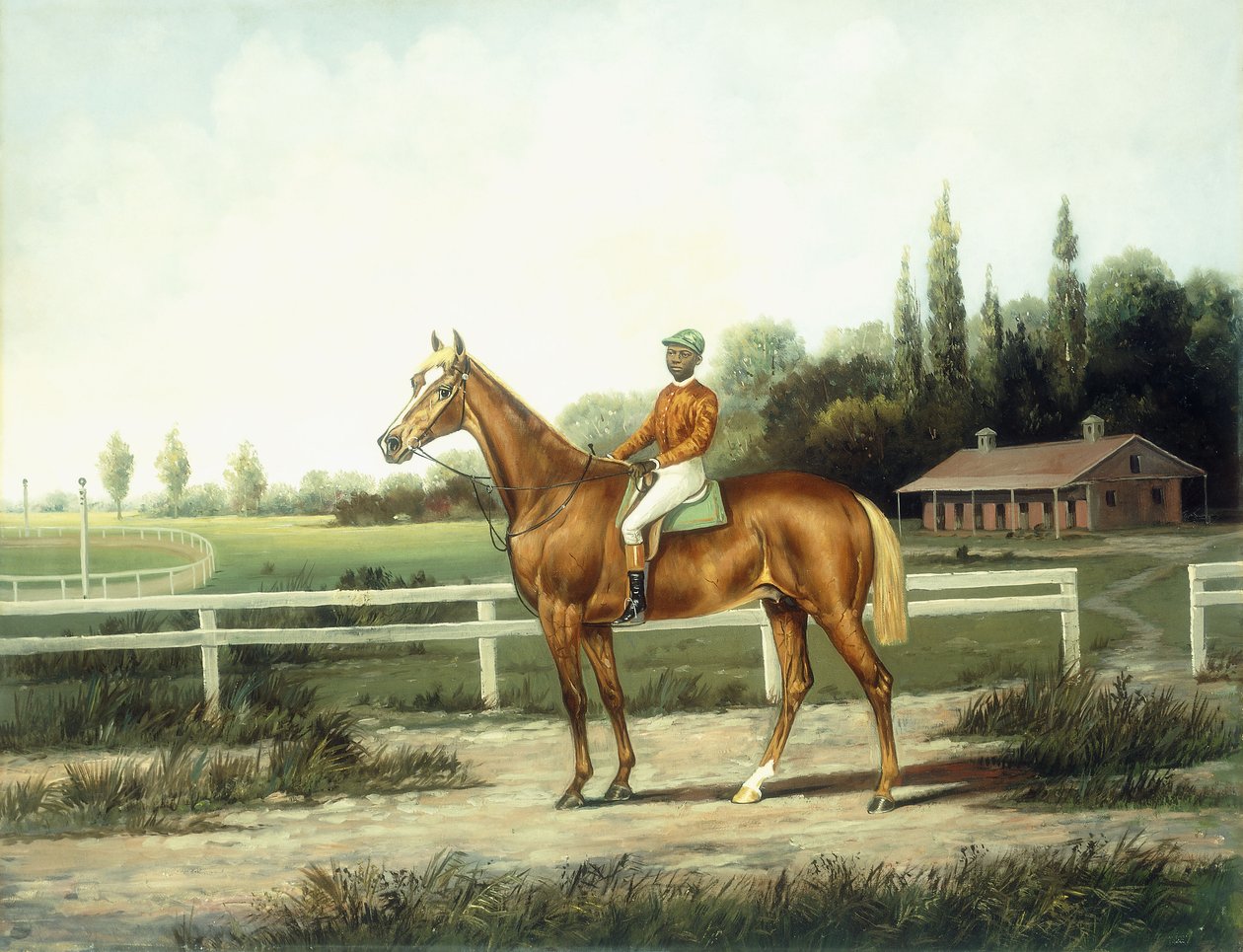Ahır Ötesi ile Antrenman Pistinde Jokey ile Kestane Yarış Atı, by Henry H. Cross