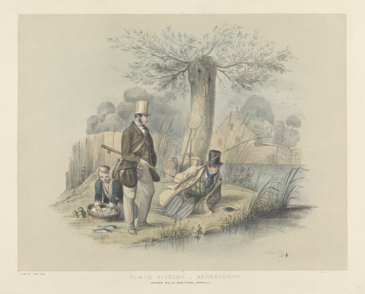 Roach balıkçılığı, Broxbourne, Olta balıkçılığının altı görüntüsünden (el ile renklendirilmiş taş) by Henry Heath