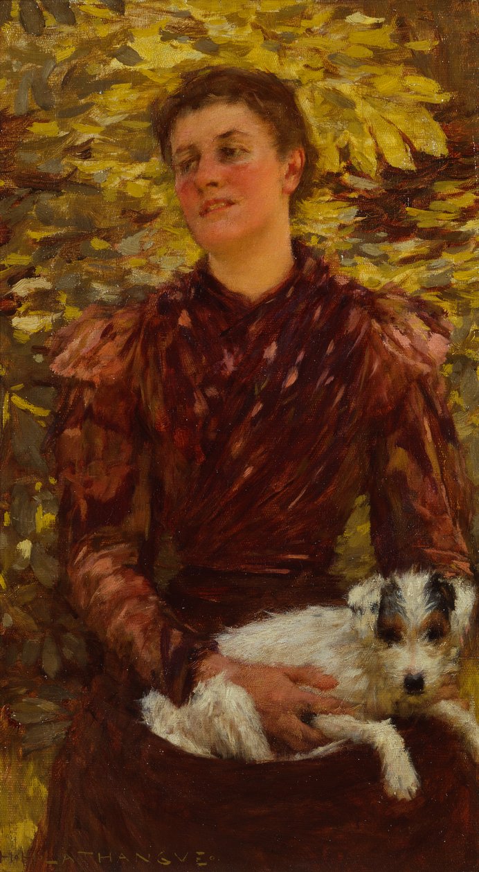 Köpekli Genç Kız (tuval üzerine yağlı boya) by Henry Herbert La Thangue