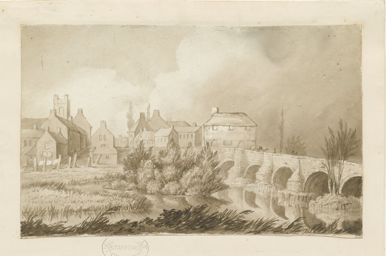 Burton-upon-Trent Köprüsü ve Kasabası: sepya çizimi, nd [c 1840] by Henry James Noyes