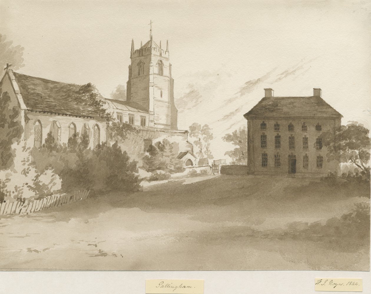 Pattingham Kilisesi ve Papaz Evi: sepya yıkama çizimi, 1844 by Henry James Noyes