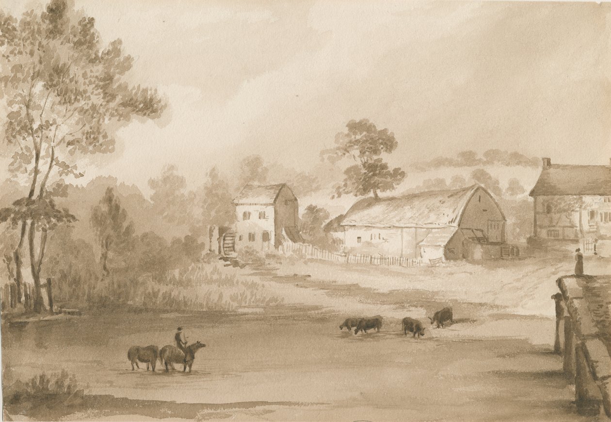 Trysull Mill: sepya yıkama çizimi by Henry James Noyes