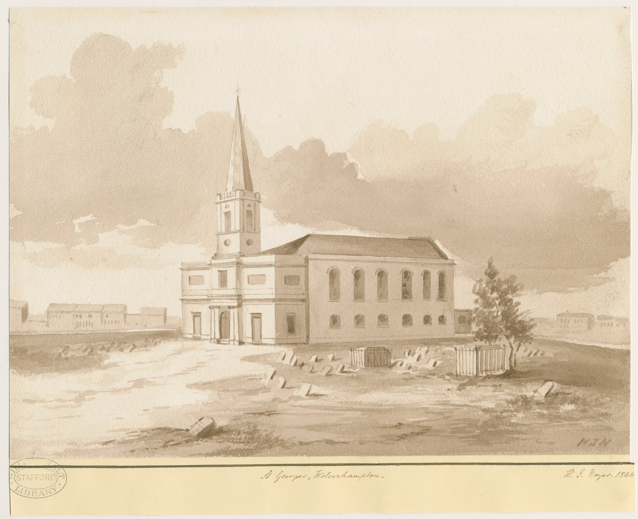 Wolverhampton - St. George Kilisesi: sepya yıkama çizimi, 1844 by Henry James Noyes
