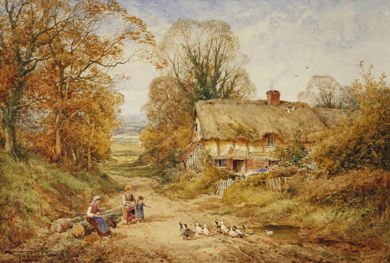 Ormanlık Bir Yolda Bir Kulübenin Yanında Ördek Besleyen Çocuklar by Henry John Sylvester Stannard