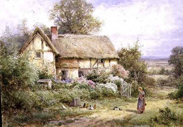 Büyükannenin Evcil Hayvanlarını Besleme (kağıt üzerine sulu boya ve guaj boya) by Henry John Sylvester Stannard