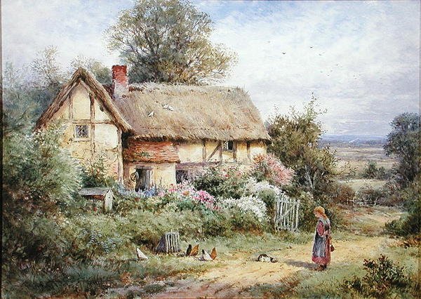 Büyükannenin Evcil Hayvanlarını Besleme (kağıt üzerine sulu boya) by Henry John Sylvester Stannard
