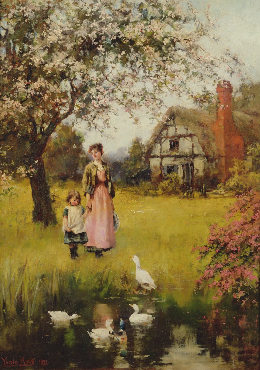 Anne ve Çocuk Ördekleri Izlerken by Henry John Yeend King