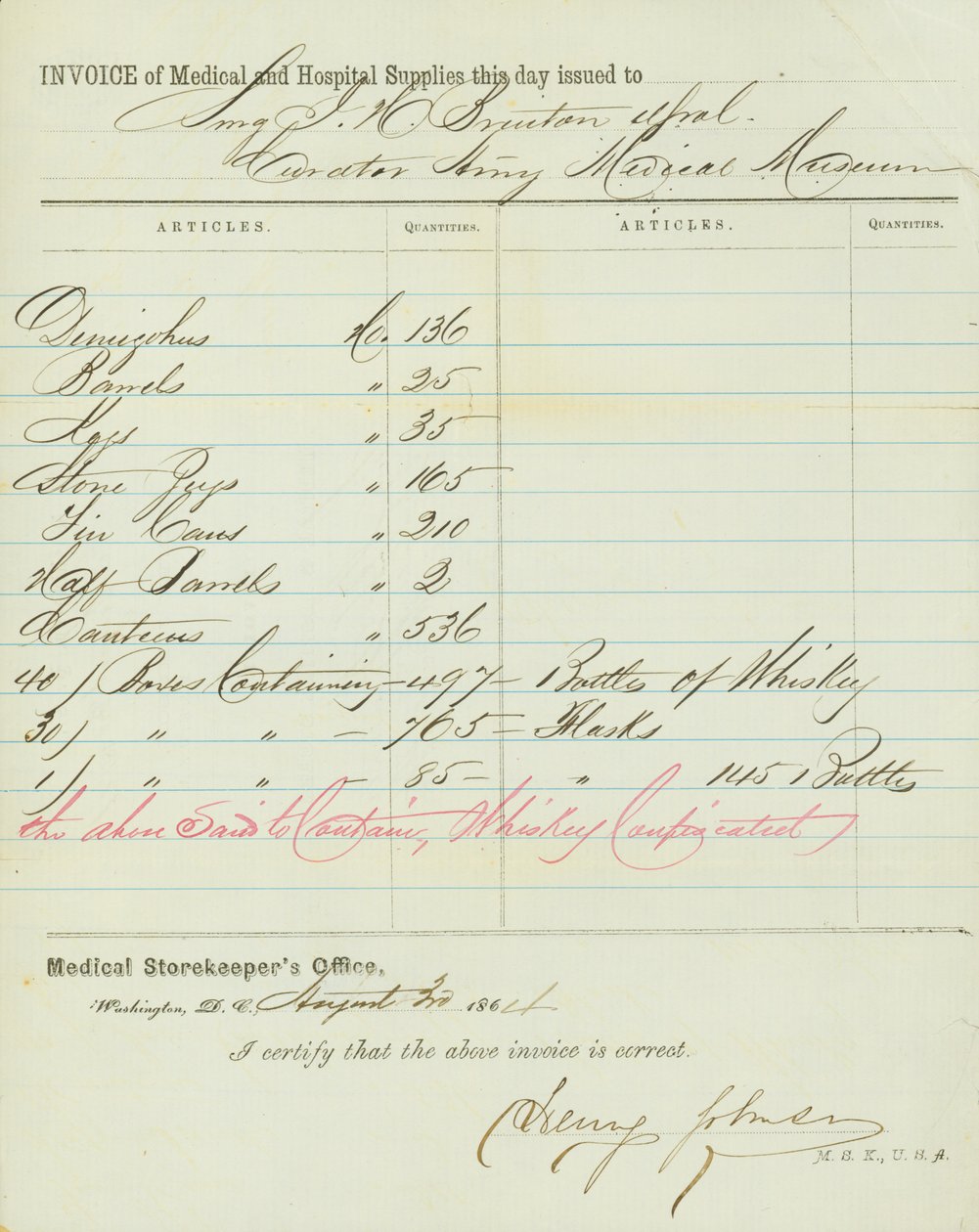 Tıbbi ve hastane mağazalarının faturası, imzalı Henry Johnson, 30 Ağustos 1864 by Henry Johnson
