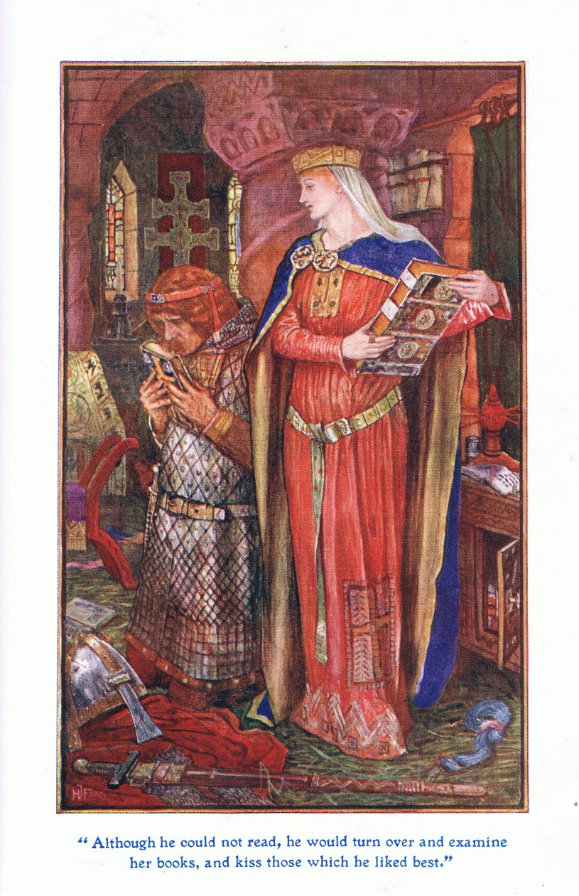 Okuma yazma bilmemesine rağmen arkasını dönüp kitaplarını inceler ve en sevdiklerini öperdi, 1912 by Henry Justice Ford