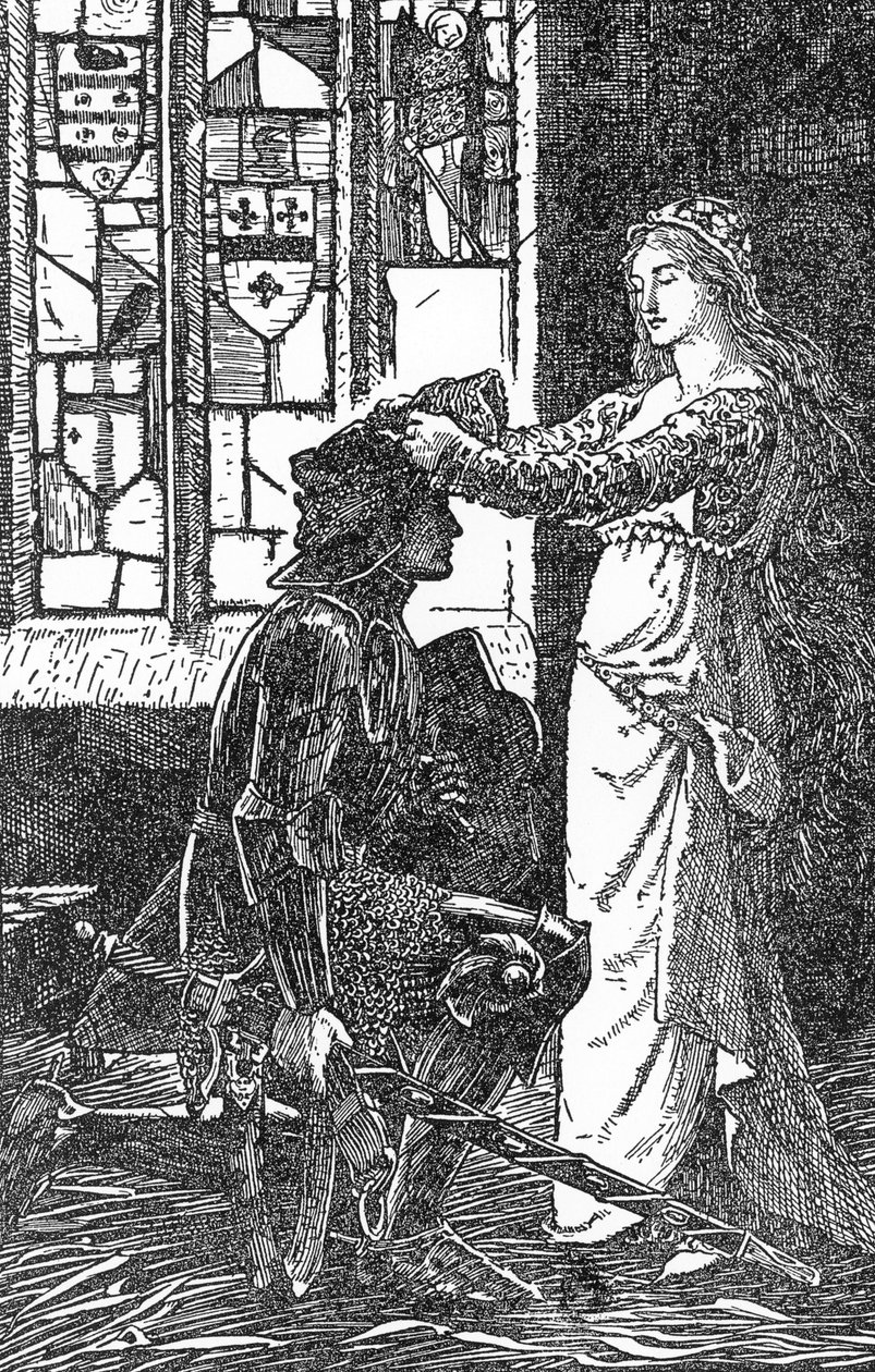 Lancelot ve Elaine d'Astolat (Launcelot ve Elaine) İllüstrasyon, HJ Ford (1860-1940) “The book of romantizm”den” 1902 Özel koleksiyon by Henry Justice Ford