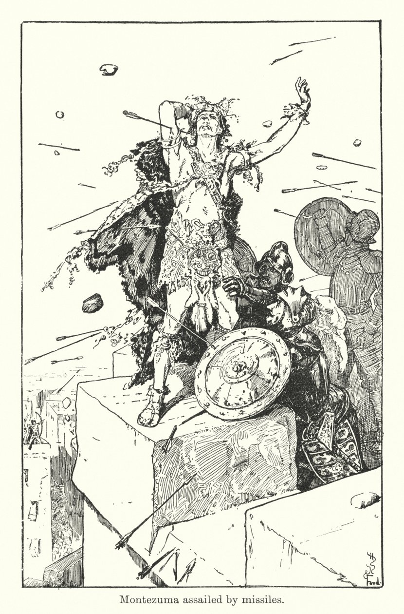 Montezuma füzelerle saldırıya uğradı (gravür) by Henry Justice Ford