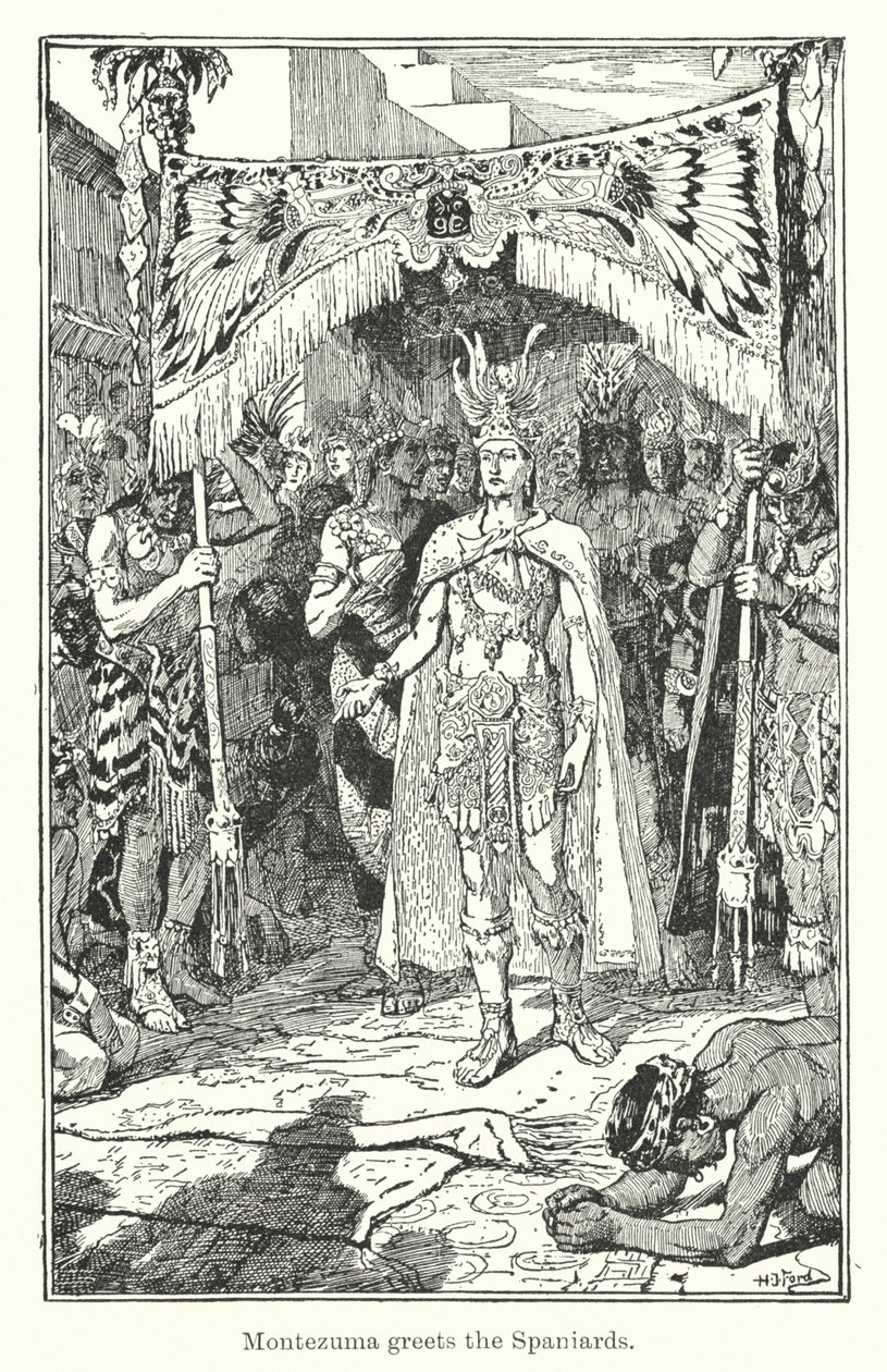 Montezuma İspanyolları selamlıyor (gravür) by Henry Justice Ford