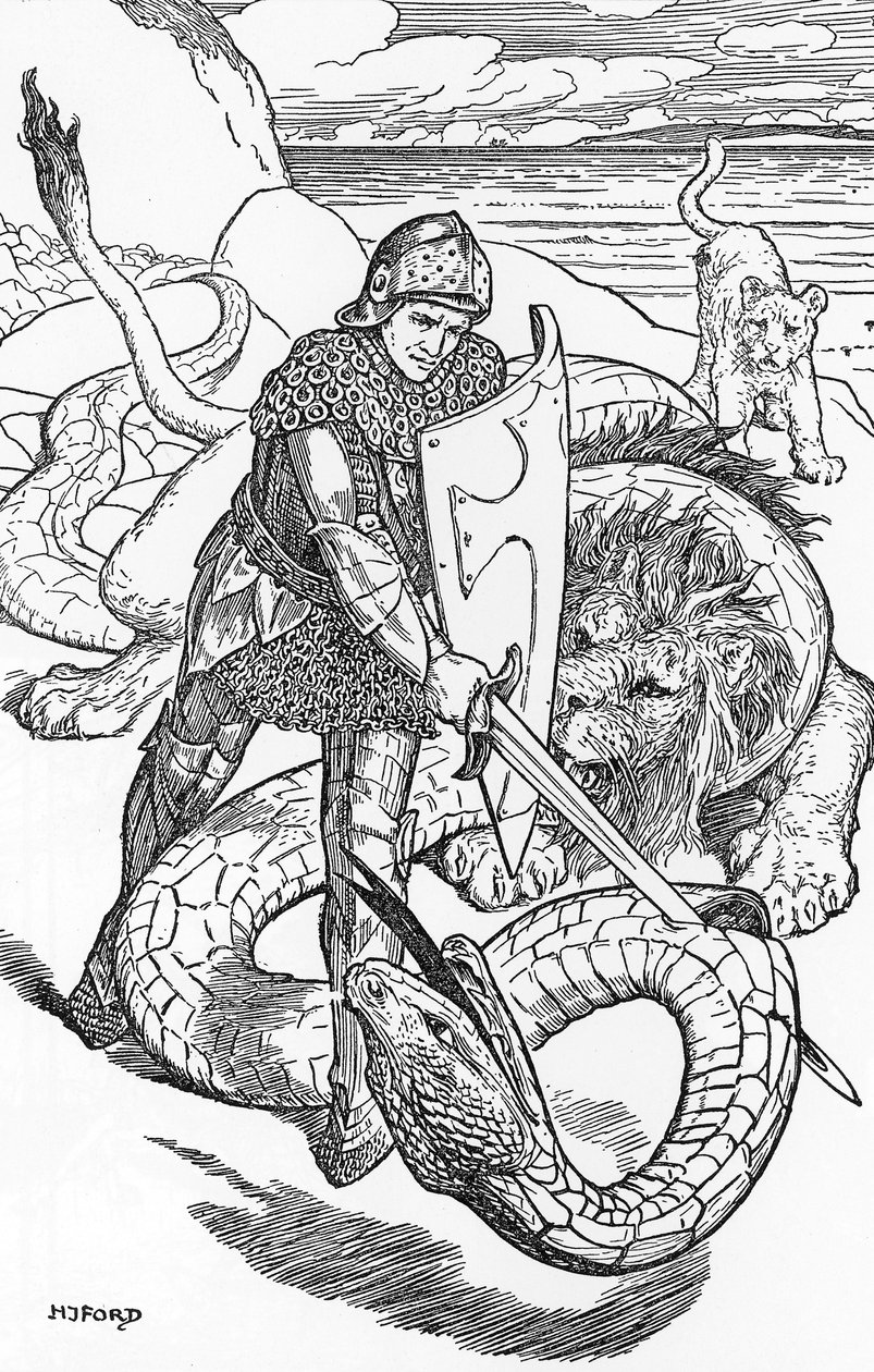 Percival Fightint the Snake İllüstrasyonu, HJ Ford (1860-1940), “The Book of Romance”dan, 1902 Özel Koleksiyon by Henry Justice Ford