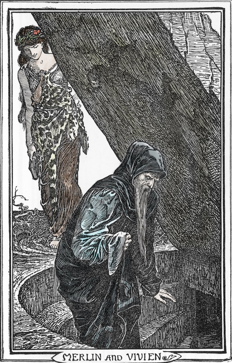 Merlin the Enchanter ve Fee Viviane (Merlin anc Vivien) İllüstrasyonu, Henry Justice (HJ) Ford (1860-1941) “The book of Romance”dan” 1902 Koleksiyonu by Henry Justice Ford