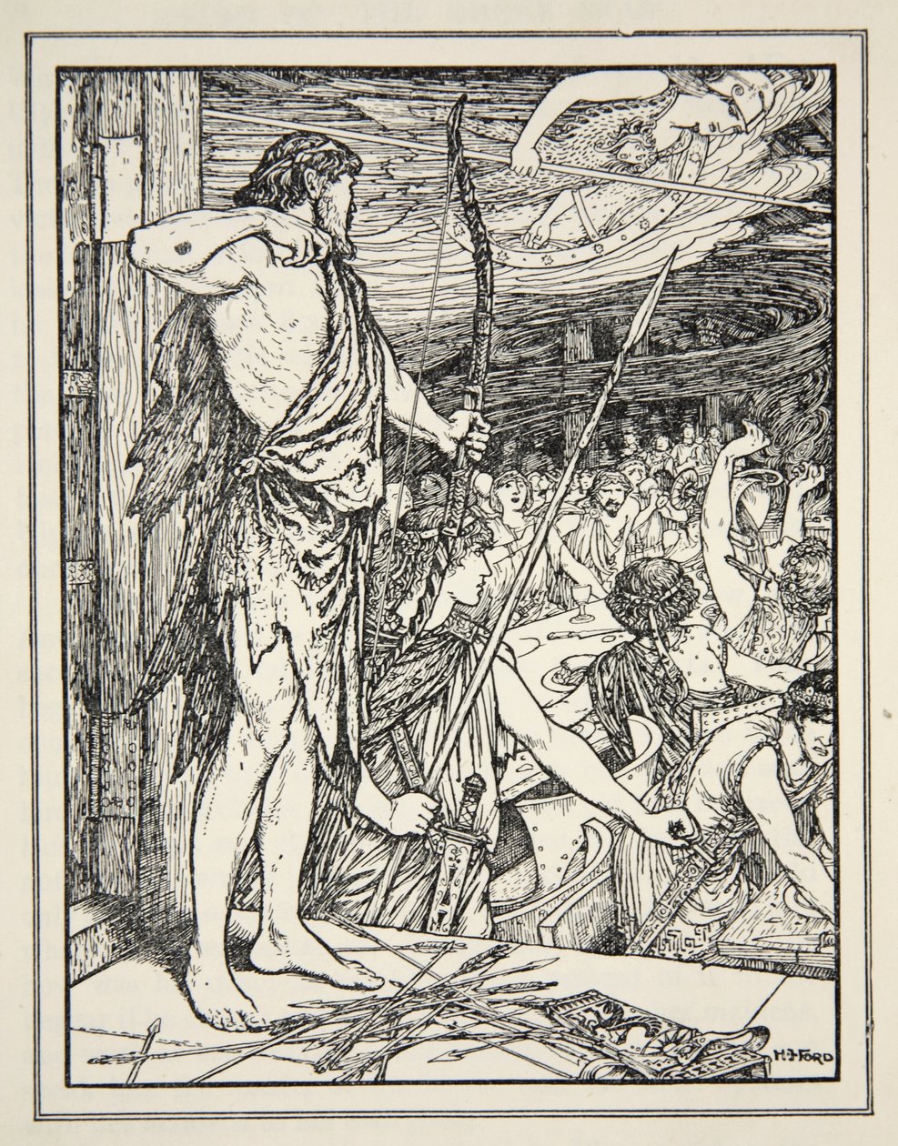 Ulysses, Andrew Lang'ın 'Yunan Denizlerinin Öyküleri'nden Wooers'a İlk Oku Vuruyor by Henry Justice Ford