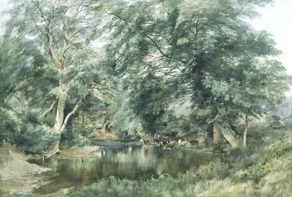 Bir nehirden içen geyik ile manzara by Henry Jutsum
