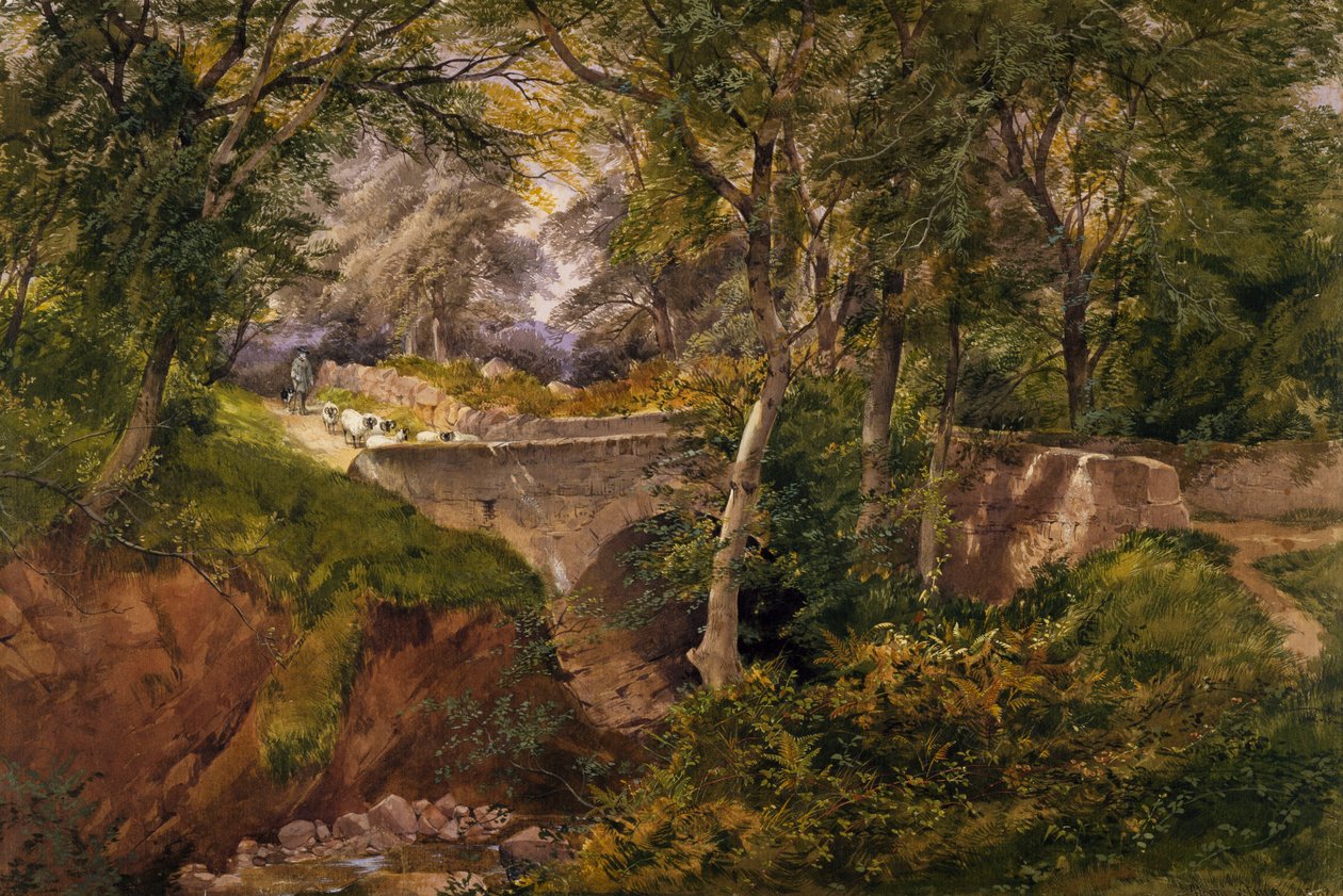 Koyunların Köprüden Geçtiği Ormanlık Peyzaj, 1868 by Henry Jutsum
